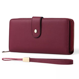 Burgundy pu leather mini wallet with snap closure and detachable wrist strap