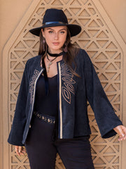 Dark navy corduroy open-front jacket with leaf embroidery and gold trim.