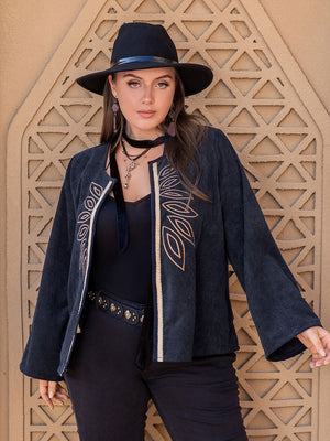 Dark navy corduroy open-front jacket with leaf embroidery and gold trim.