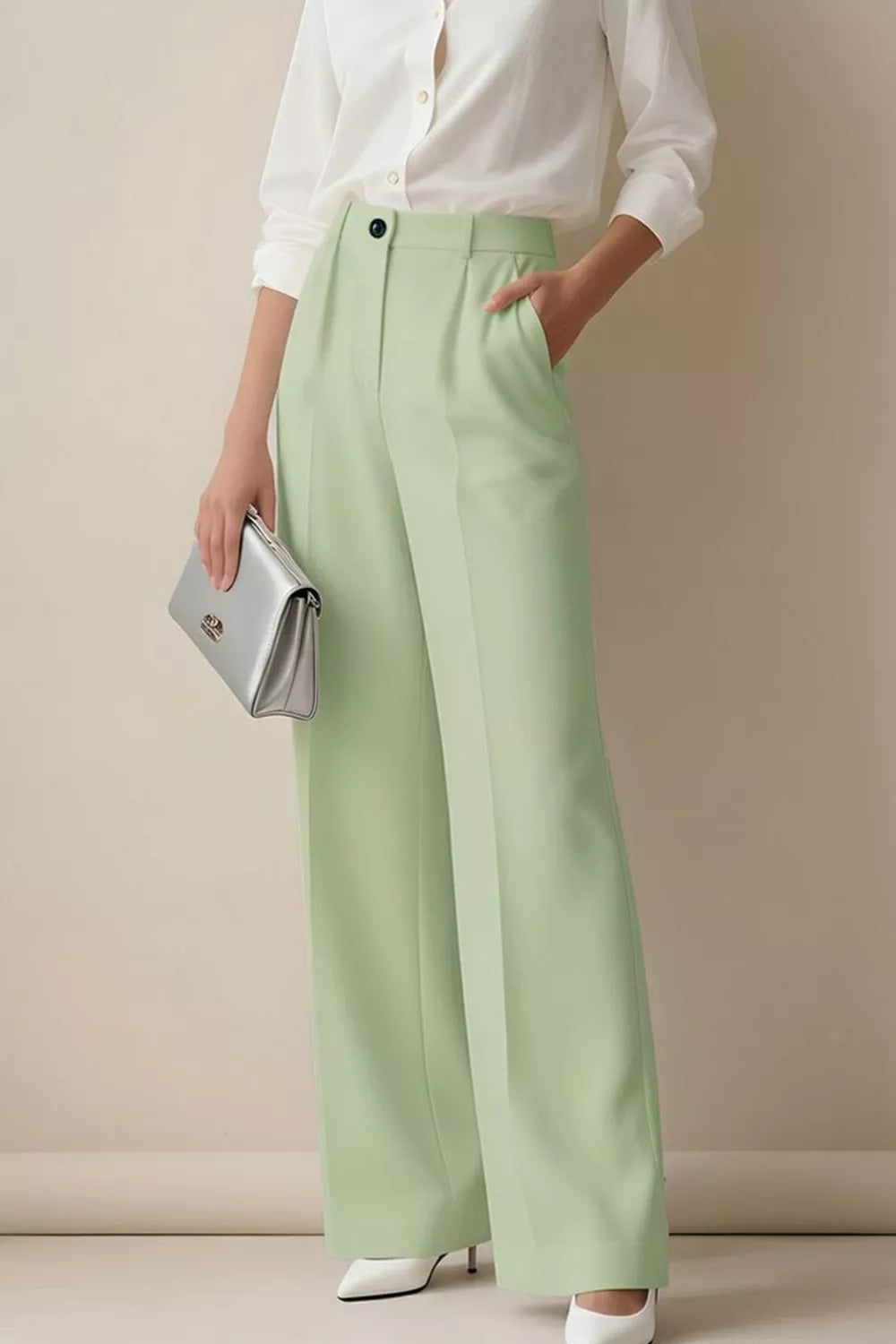 Chic high-waisted wide-leg trousers in Gum Leaf green with a relaxed fit.