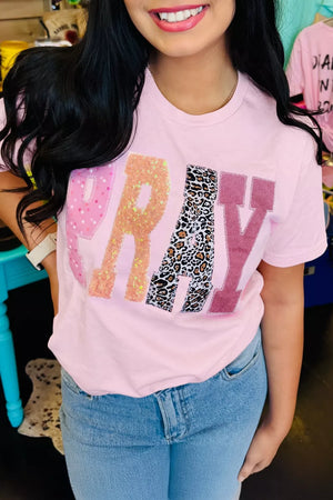 Pink cotton t-shirt with sequin and leopard print PRAY graphic patch detail.