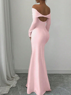 Dusty pink bodycon maxi dress with off-shoulder draped neckline and open back cutout.