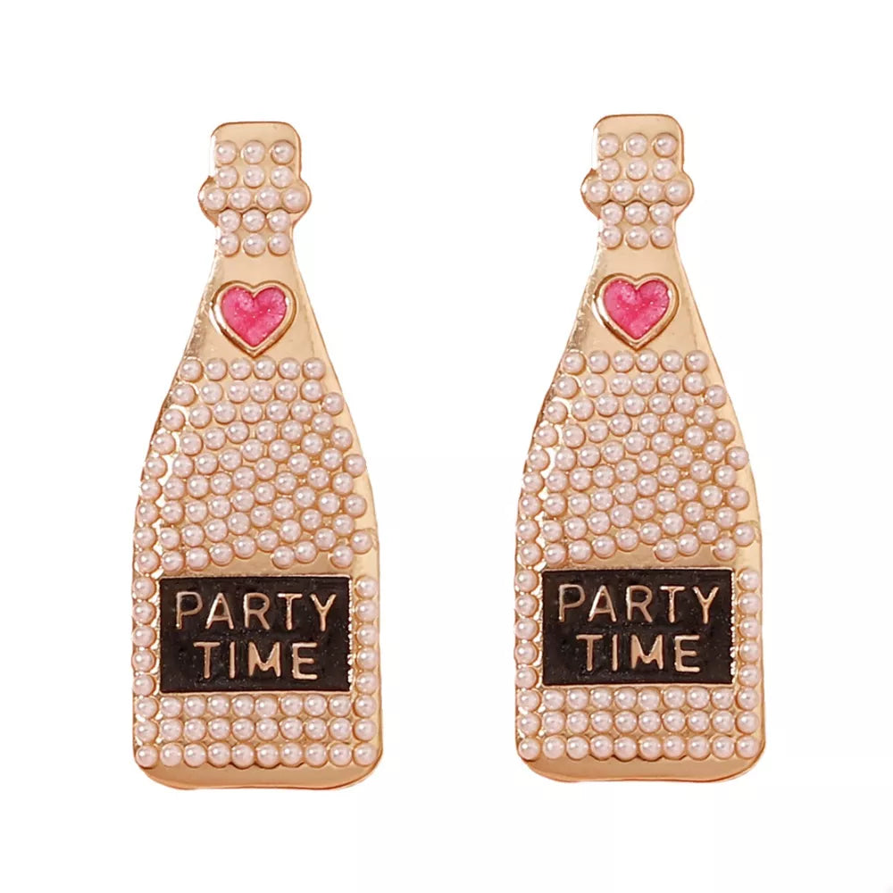 Champagne bottle drop earrings with pearls, pink heart, and PARTY TIME text.