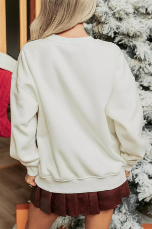 Cream crew neck sweatshirt with a bow graphic detail, cozy cotton blend.