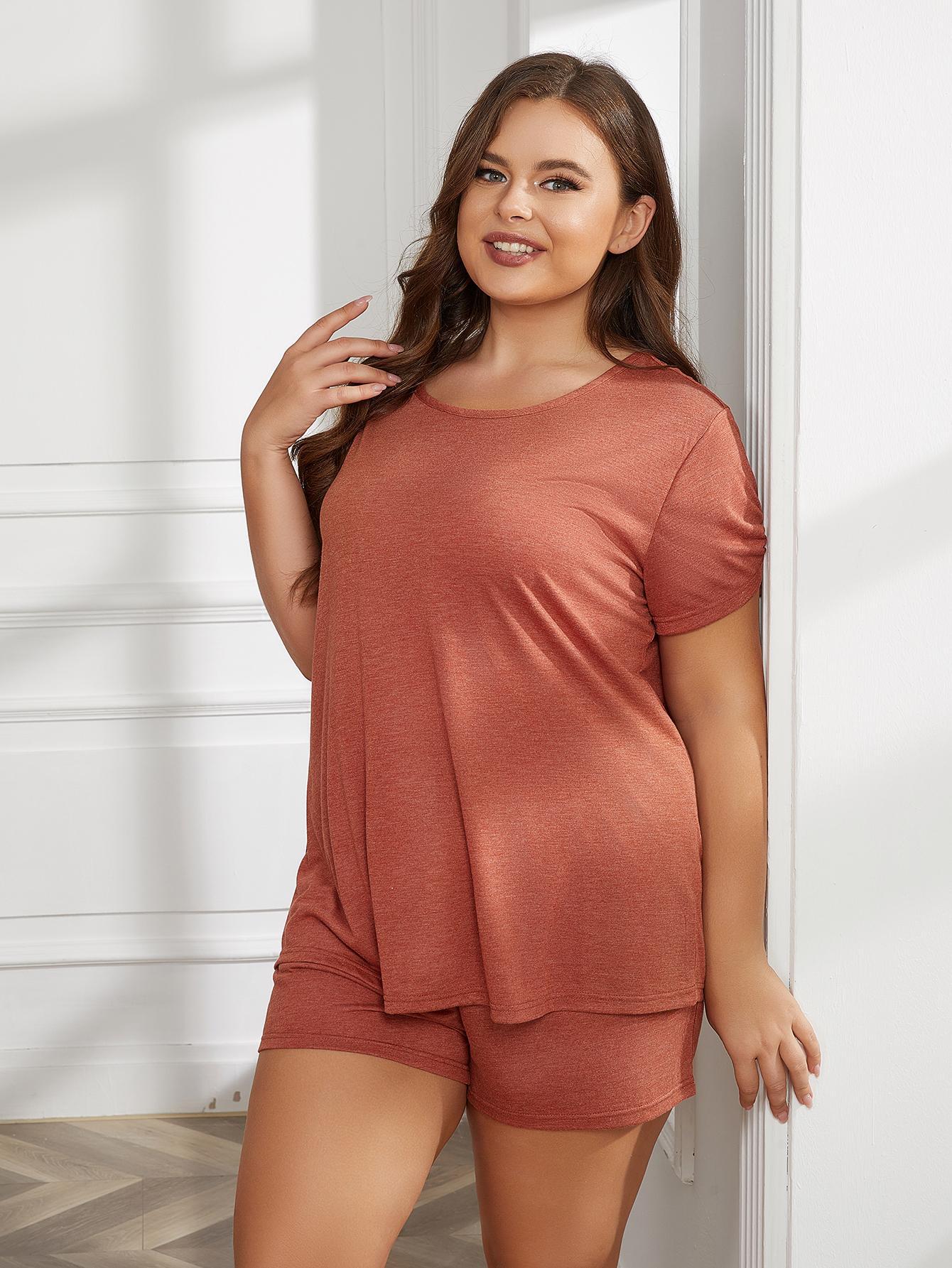 Rust relaxed fit jersey lounge set with crew neck top and shorts