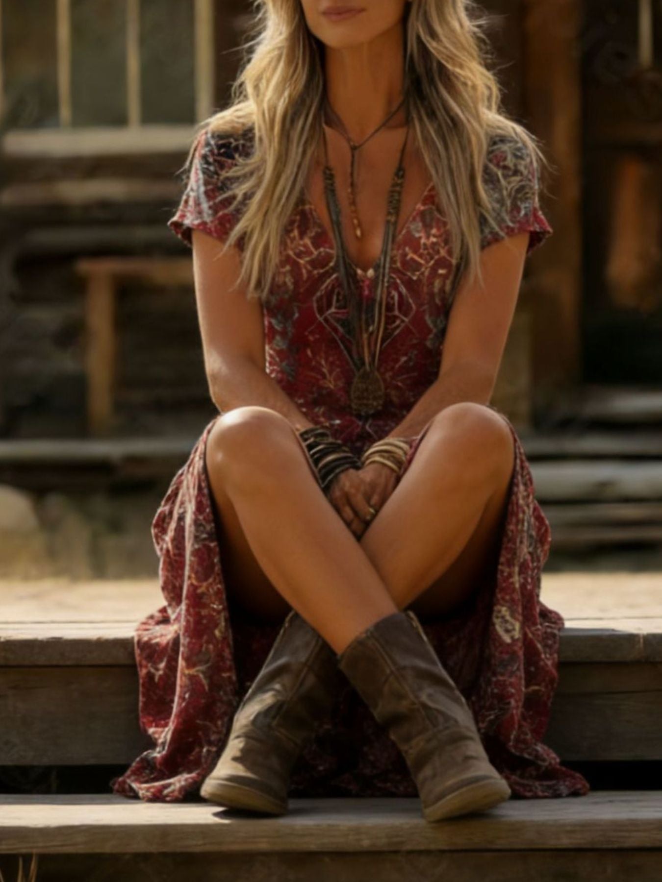 Bohemian midi dress with a burgundy print, V-neck, and short sleeves, styled with layered necklaces and boots.