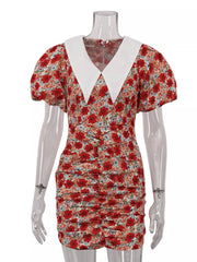 Floral Ruched Mini Dress With Puff Sleeves