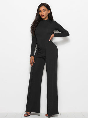 Black high-waisted palazzo jumpsuit with long sleeves and a slit front.