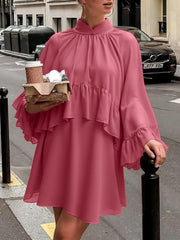 Elegant deep rose mini dress with ruffle trim, high neckline, and bell sleeves.
