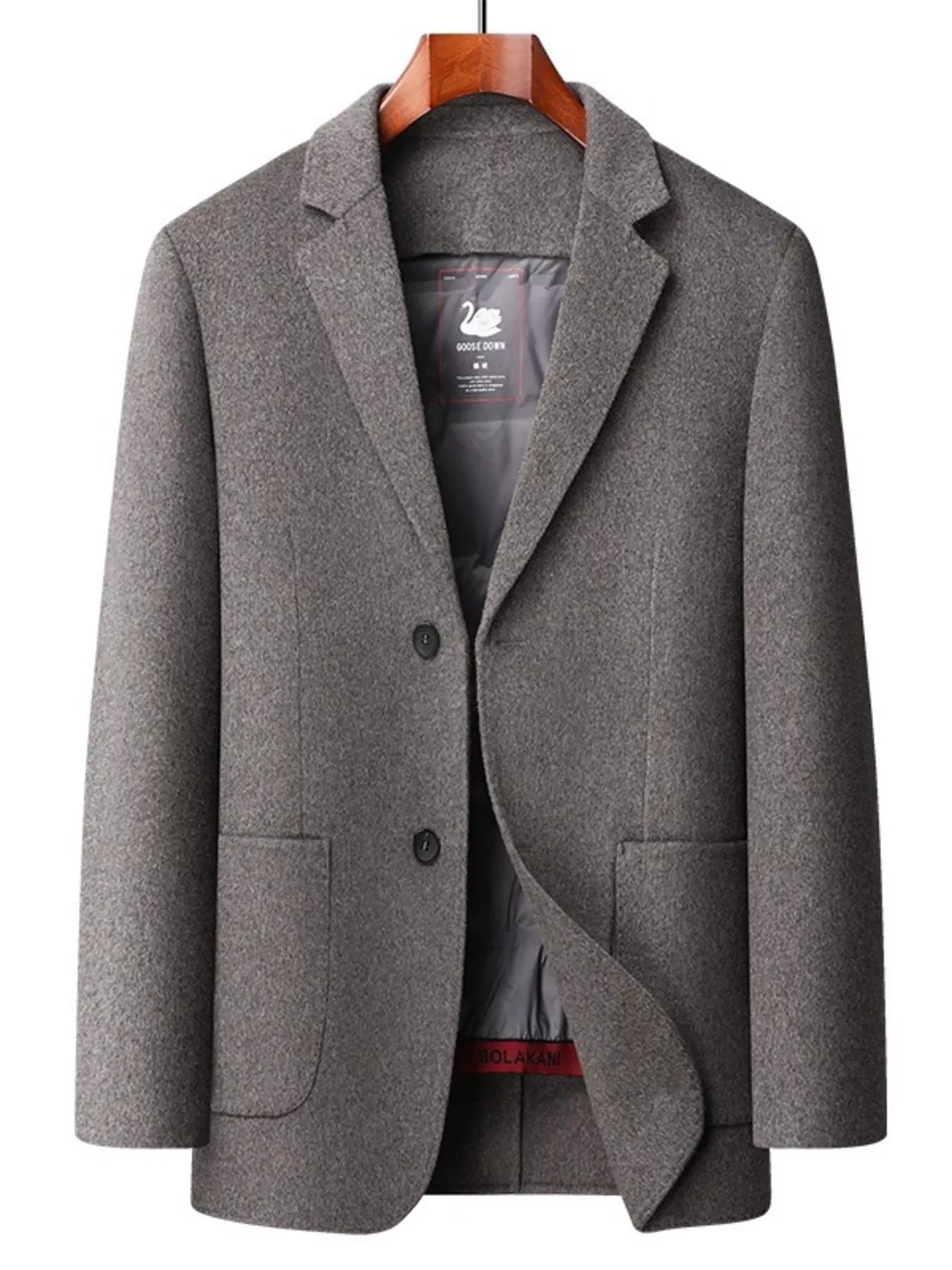 Men's gray wool button-up overcoat with two buttons and flap pockets.
