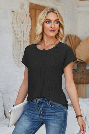 Black perforated eyelet cuffed tee with short sleeves and a round neckline.