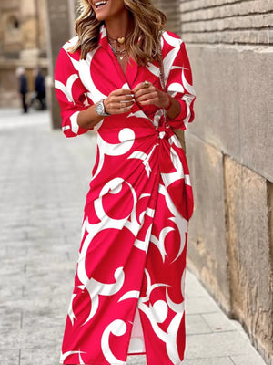 Abstract Print Wrap Midi Dress in Scarlet, fabric detail