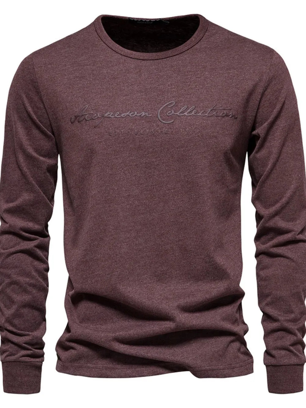 Burgundy crewneck long sleeve tee with embroidered script logo detail