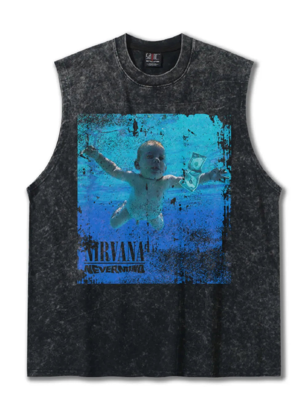 Dark gray graphic tank top with Nirvana Nevermind album art.