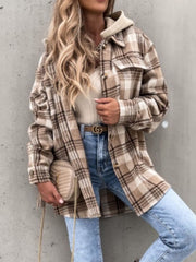 Oversized camel plaid shacket with hood detail and button closure.