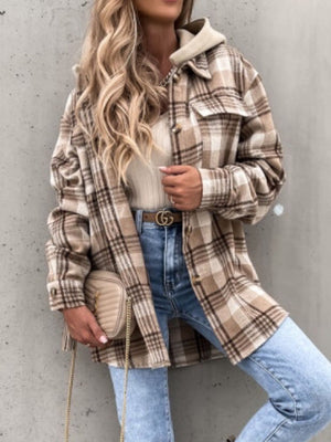 Oversized camel plaid shacket with hood detail and button closure.