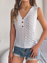 White openwork knit tank top with V-neck and button detail.