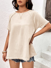 Cream raglan sleeve tee with fringed hem and neckline detail