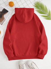 Red oversized hoodie with pouch pocket and ribbed cuffs and hem.