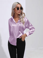 Satin tie-front blouse in Pink Purple with button front and collared neckline.