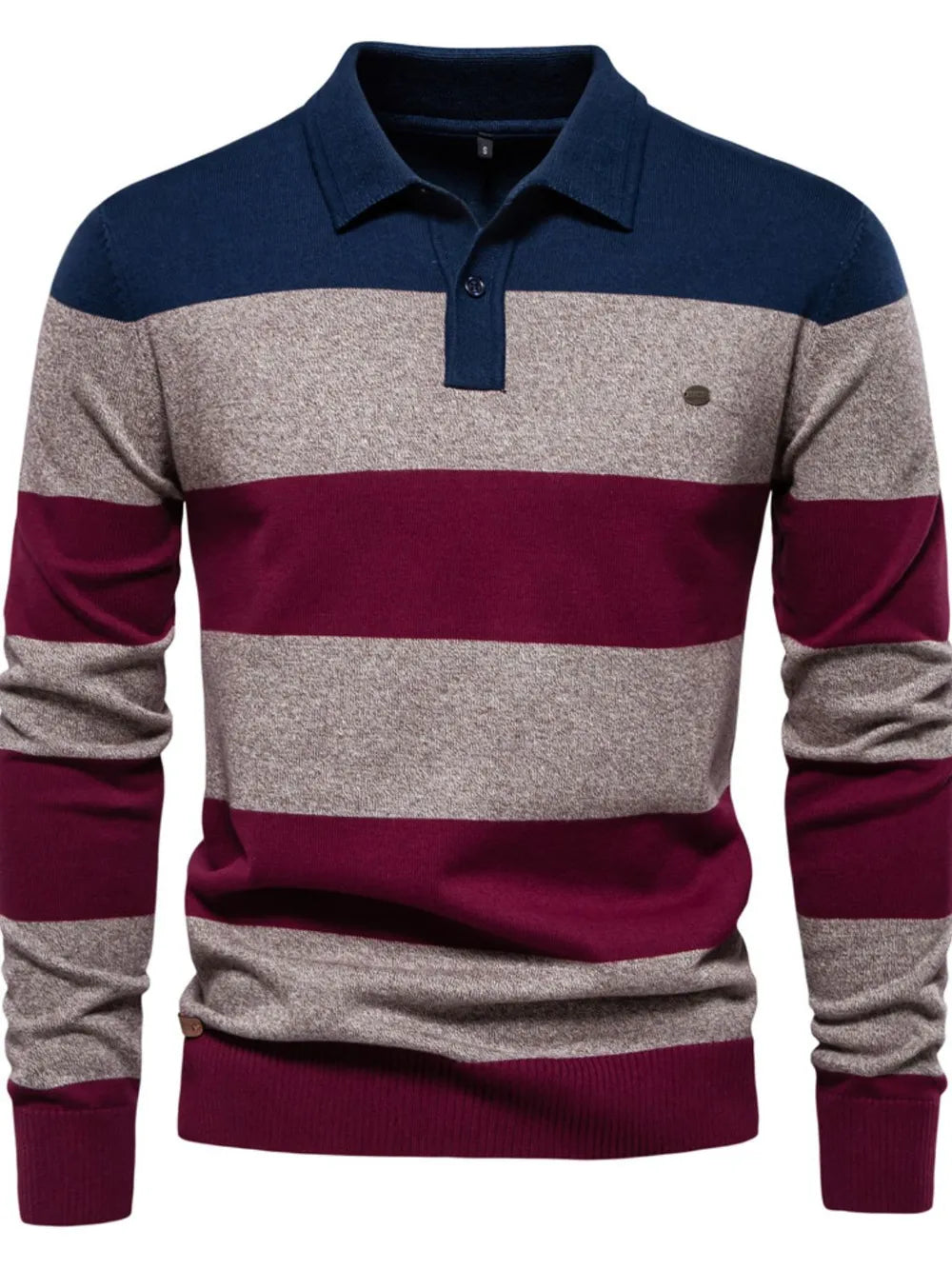 Colorblock knit polo with ribbed collar in navy, gray, and burgundy stripes.
