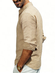 Men's khaki striped long sleeve cotton blend shirt with mandarin collar.