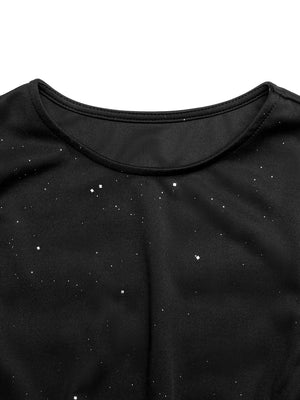 Black tulle midi dress with scattered glitter detail and round neckline.