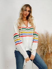 White knit zip-up hoodie with rainbow stripes and distressed details.