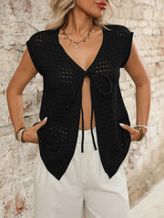 Black open-knit sleeveless cardigan with tie-front detail and V-neck