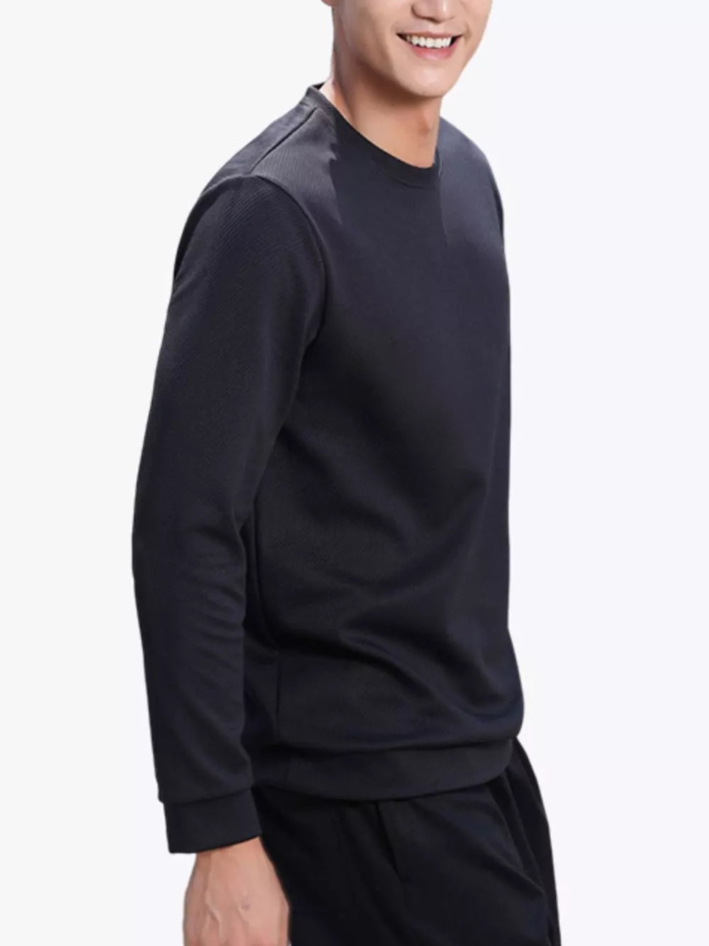 Men's dark gray crew neck long sleeve sweatshirt with textured fabric