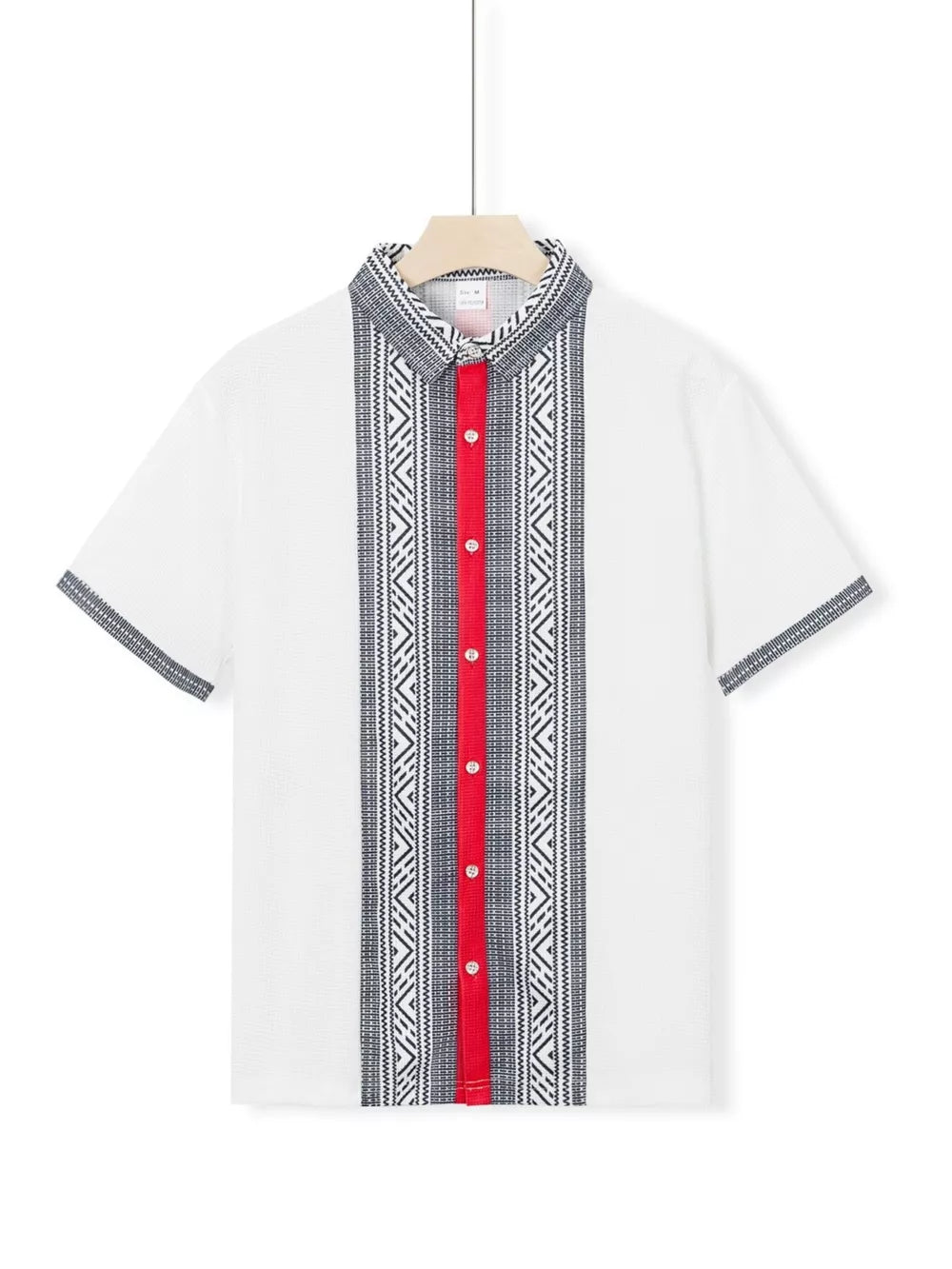 White short sleeve men's shirt with bold geometric print, red placket, and patterned collar.