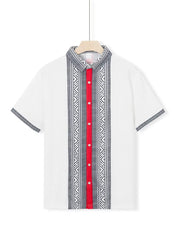 White short sleeve men's shirt with bold geometric print, red placket, and patterned collar.