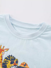 Light blue cotton baby tee with playful safari animal graphic and crew neck.