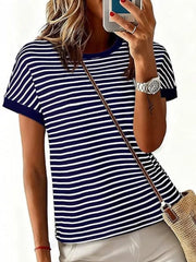 Classic Striped Crew Neck T-shirt in Dark Gray, fabric detail