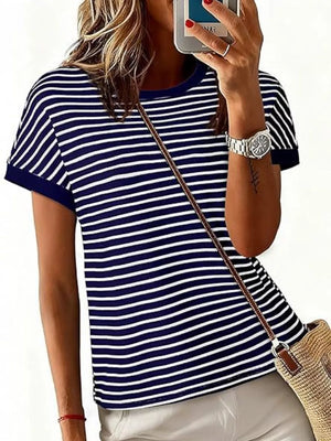 Classic Striped Crew Neck T-shirt in Dark Gray, fabric detail