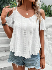 White eyelet cold shoulder blouse with scalloped hem and v-neckline.