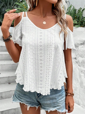 White eyelet cold shoulder blouse with scalloped hem and v-neckline.