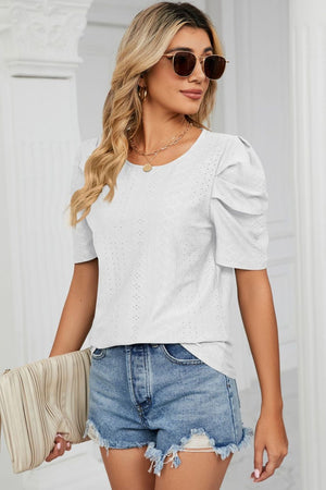 White perforated sleeve volume top with round neckline