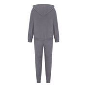 Dark gray fleece hoodie and jogger set with drawstring hood and elastic cuffs.