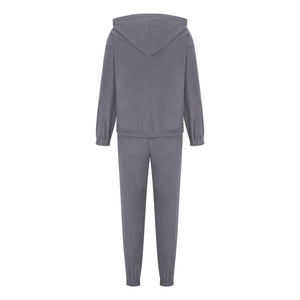 Dark gray fleece hoodie and jogger set with drawstring hood and elastic cuffs.