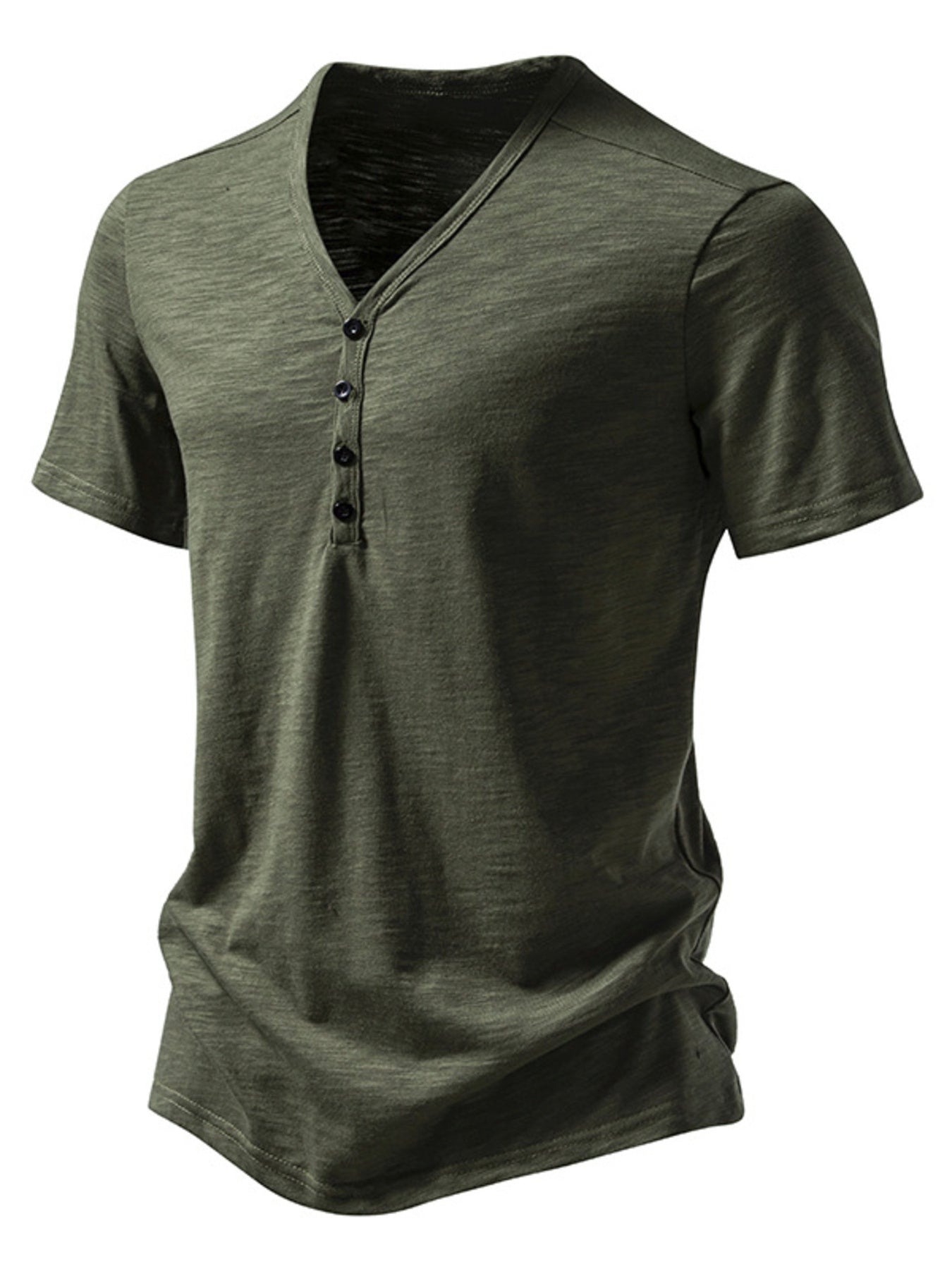 Men's casual Army Green cotton blend t-shirt with button placket and curved hem
