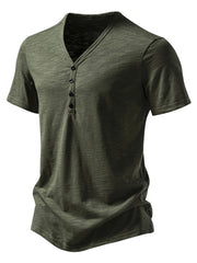 Men's casual Army Green cotton blend t-shirt with button placket and curved hem