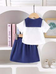 Children's Sailor Collar Embroidered Tee And Skirt Set in White, back view