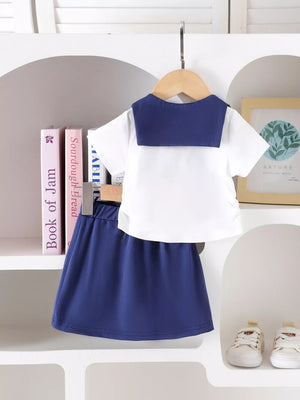 Children's Sailor Collar Embroidered Tee And Skirt Set in White, back view
