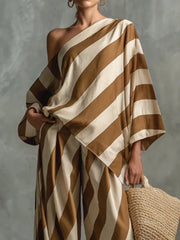 Asymmetrical Striped Top And Wide-leg Pants Set