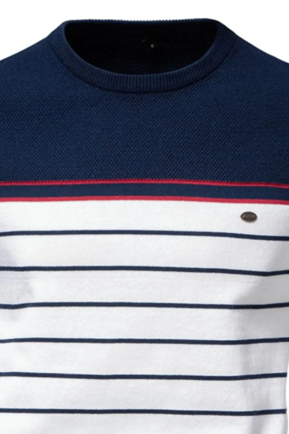 Navy and white striped crewneck sweater with red trim and textured knit upper.