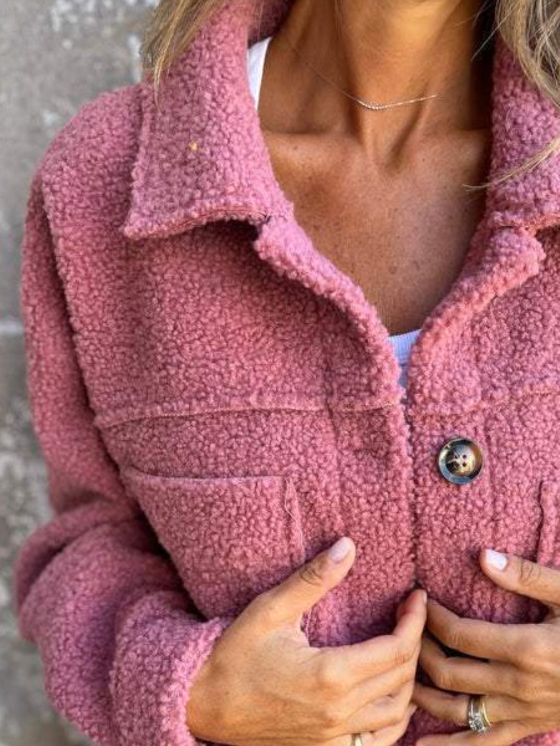 Textured sherpa utility jacket in Dusty Pink with button front and chest pockets.