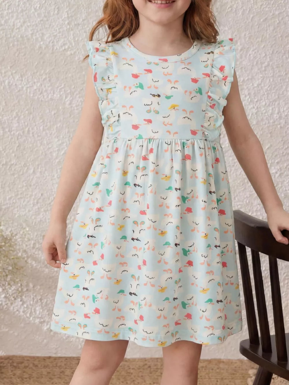 Children's Ruffle Sleeve Cartoon Print Dress, front view