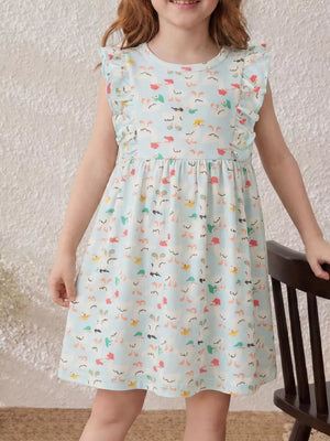Children's Ruffle Sleeve Cartoon Print Dress, front view