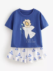 Blue cotton toddler set with bird and flower graphic tee and floral print shorts